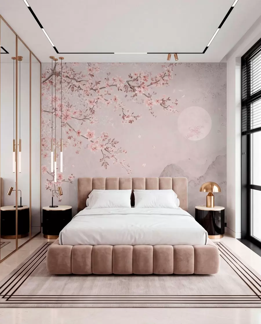 wall murals Pink blossoms on a branch above a soft mountain scene w05695v1