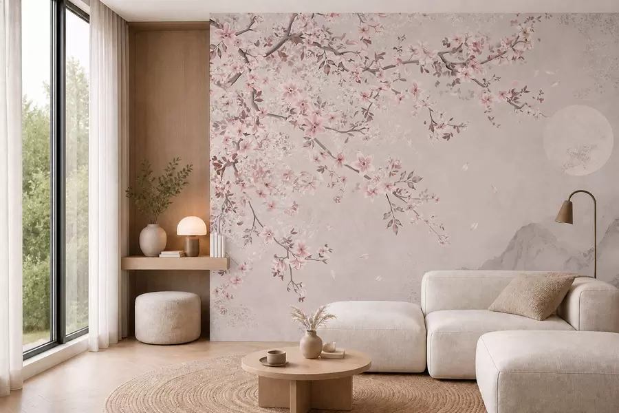 wall murals Pink blossoms on a branch above a soft mountain scene w05695v1