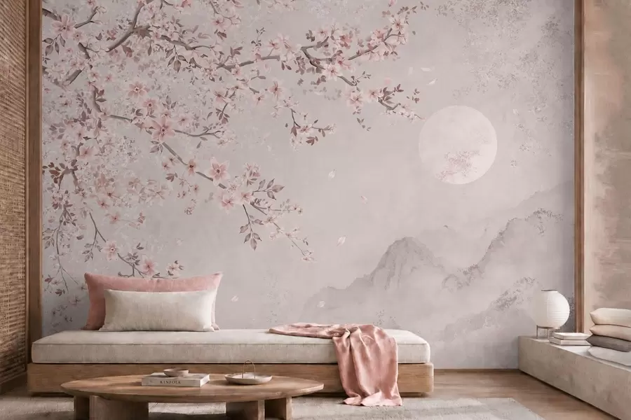 wall murals Pink blossoms on a branch above a soft mountain scene w05695v1