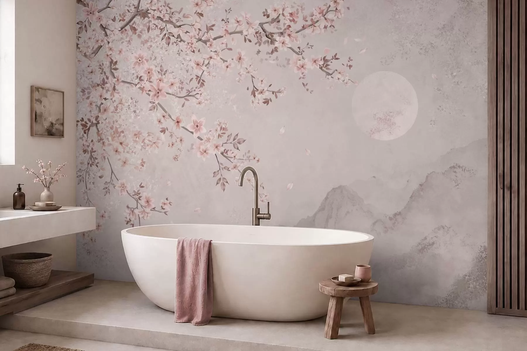 wall murals Pink blossoms on a branch above a soft mountain scene w05695v1