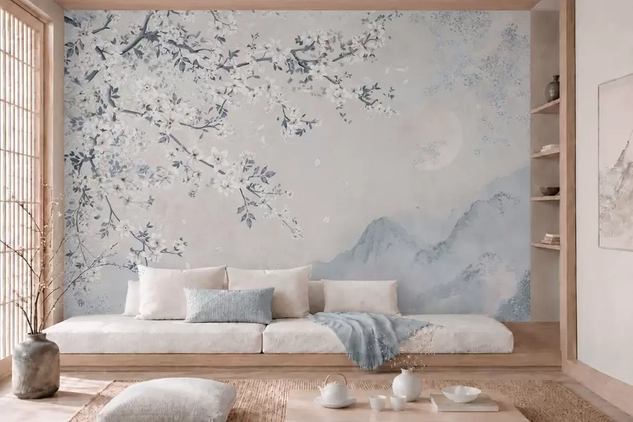 wall murals Delicate blooming branch over misty mountains and moon w05695v2