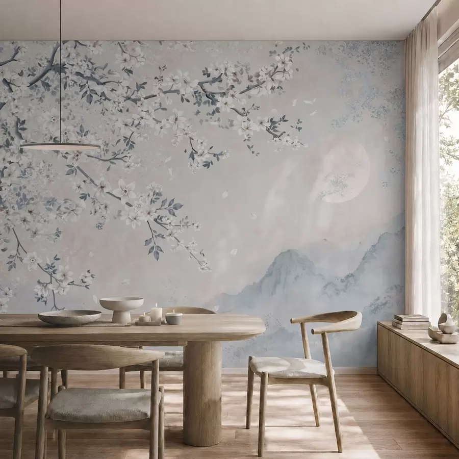 wall murals Delicate blooming branch over misty mountains and moon w05695v2