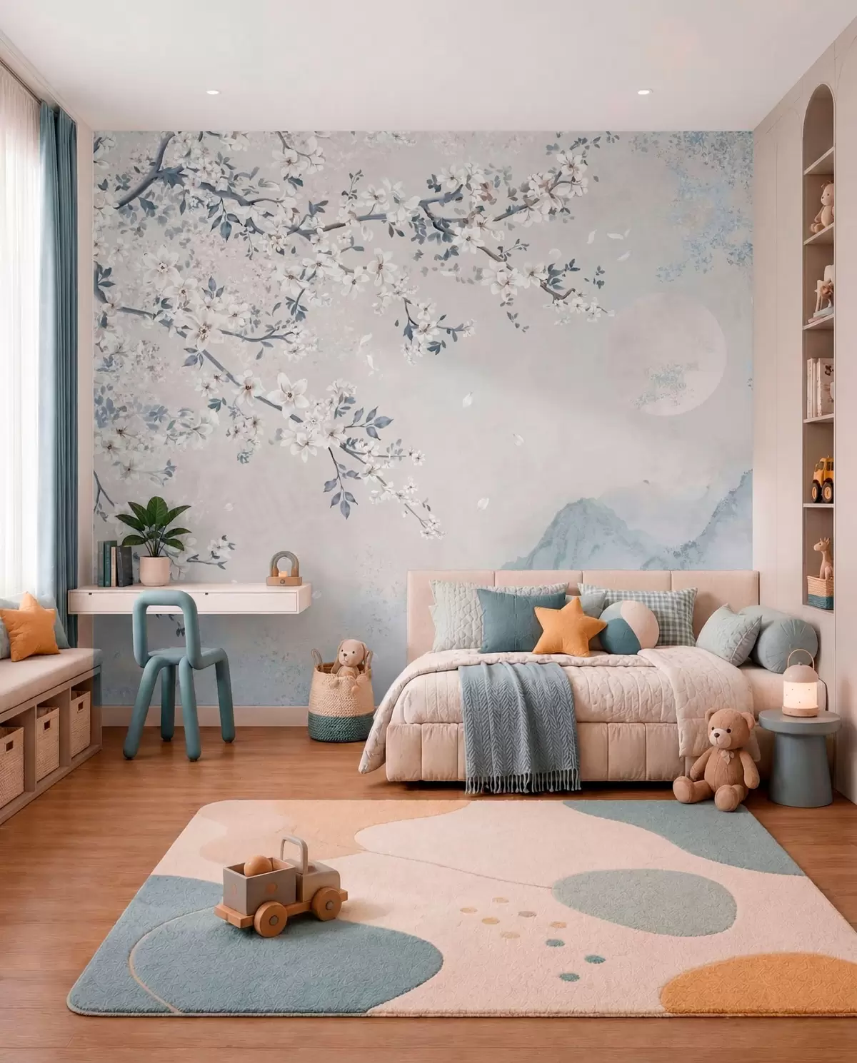 wall murals Delicate blooming branch over misty mountains and moon w05695v2