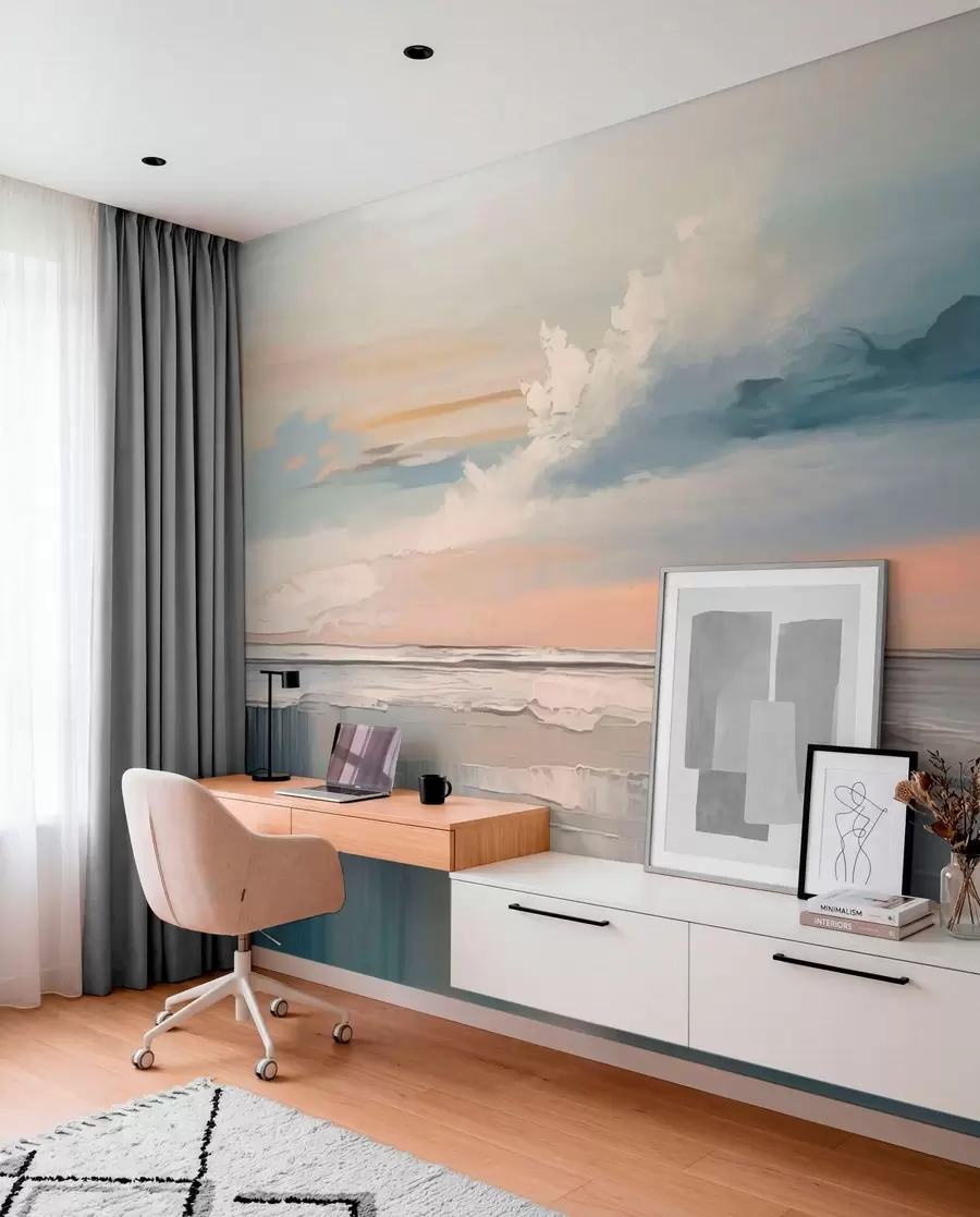 wall murals Pastel seashore with clouds and water reflection w05687