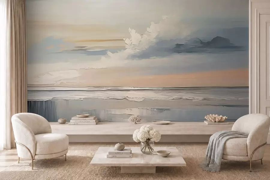 wall murals Pastel seashore with clouds and water reflection w05687