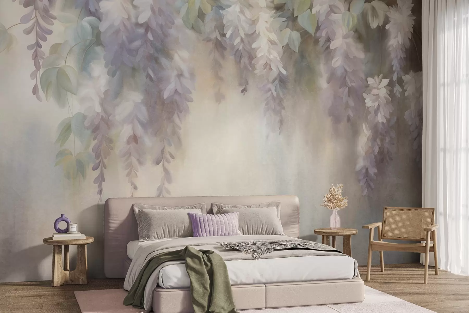 wall murals Textured light purple wisteria flowers hanging down with green leaves, pastel background w09896