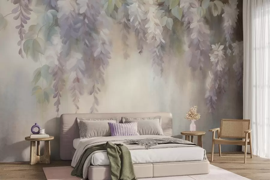 wall murals Textured light purple wisteria flowers hanging down with green leaves, pastel background w09896