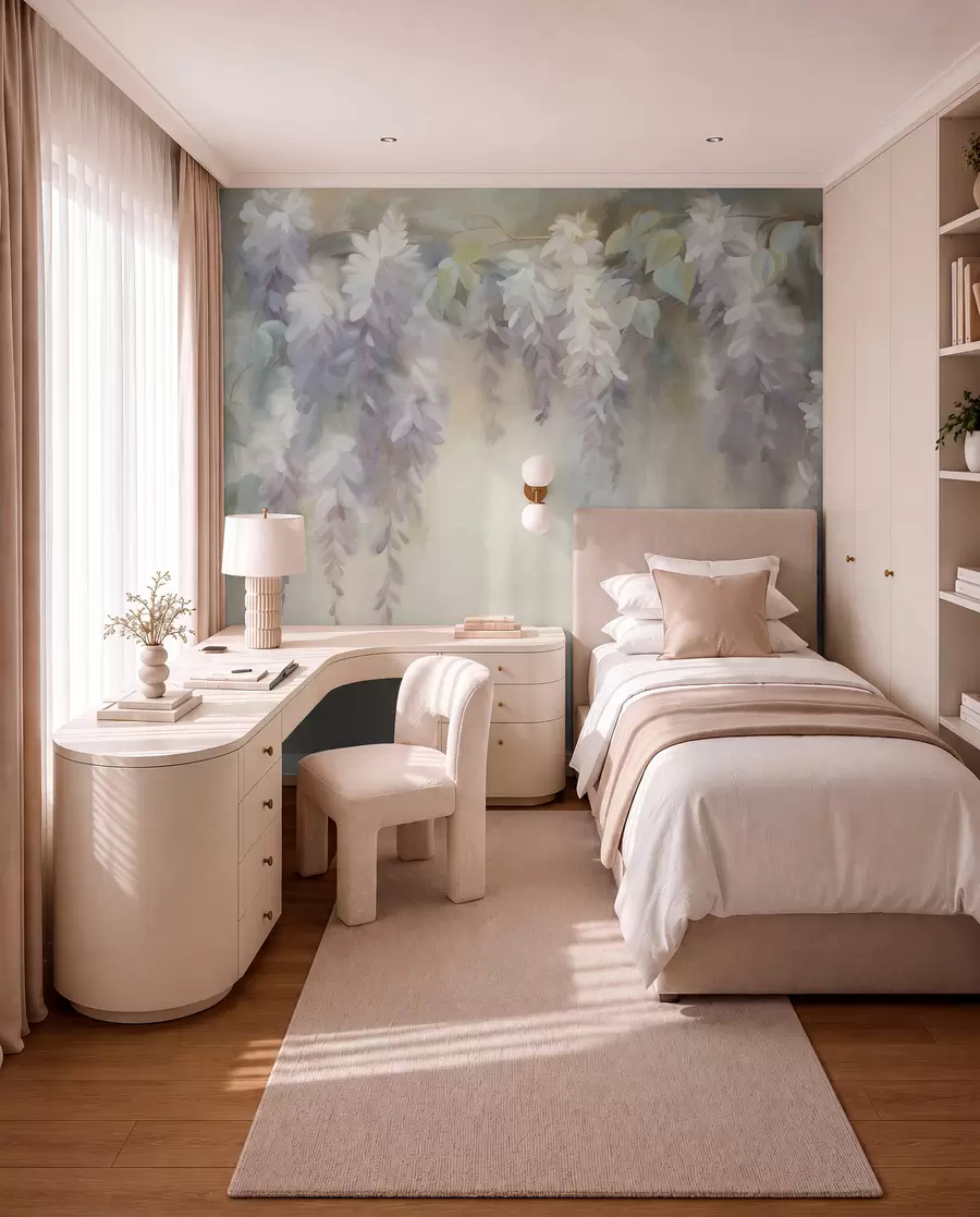 wall murals Textured light purple wisteria flowers hanging down with green leaves, pastel background w09896