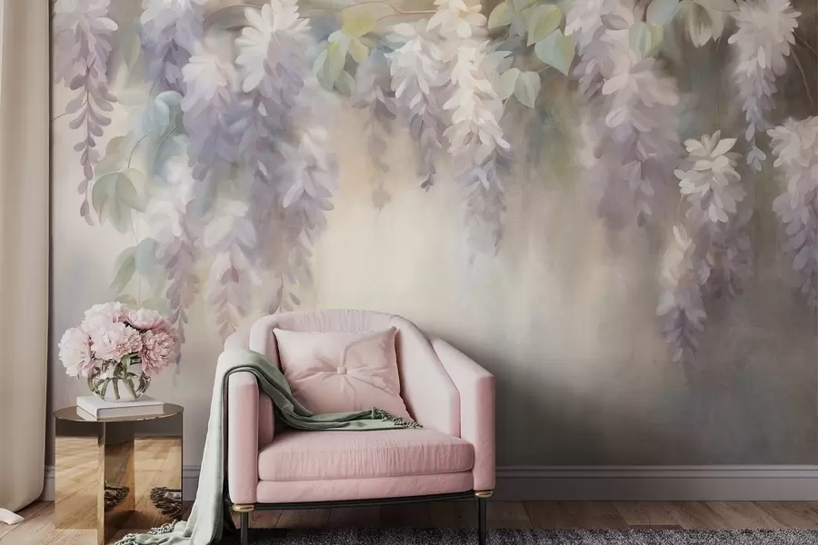 wall murals Textured light purple wisteria flowers hanging down with green leaves, pastel background w09896