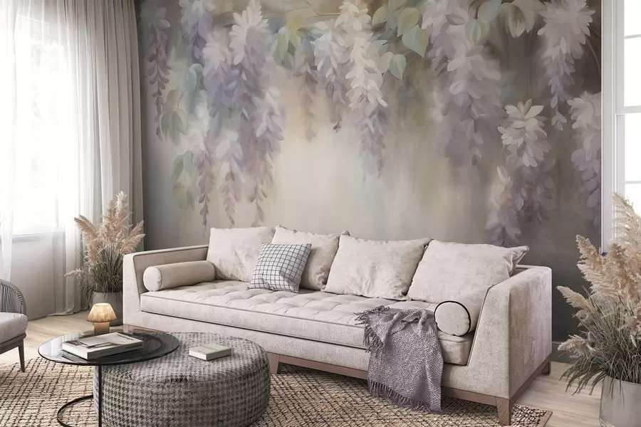wall murals Textured light purple wisteria flowers hanging down with green leaves, pastel background w09896