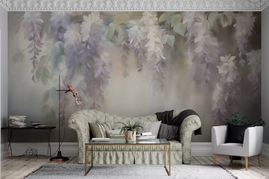 wall murals Textured light purple wisteria flowers hanging down with green leaves, pastel background w09896