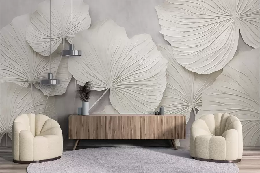 wall murals Large, textured leaves against a soft, muted background, minimalistic modern art w09897