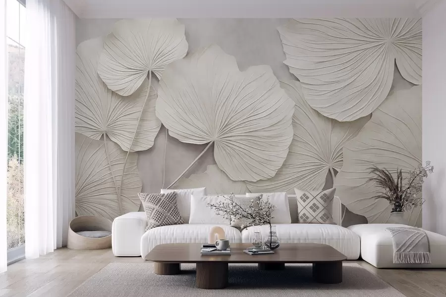 wall murals Large, textured leaves against a soft, muted background, minimalistic modern art w09897