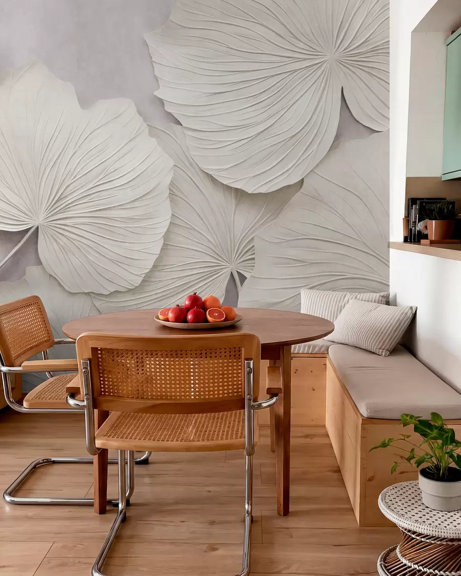 wall murals Large, textured leaves against a soft, muted background, minimalistic modern art w09897