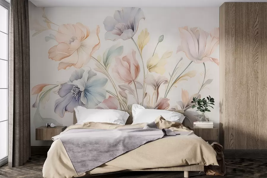 wall murals Delicate flowers in pastel shades of pink, blue and yellow with green leaves, light background w09898