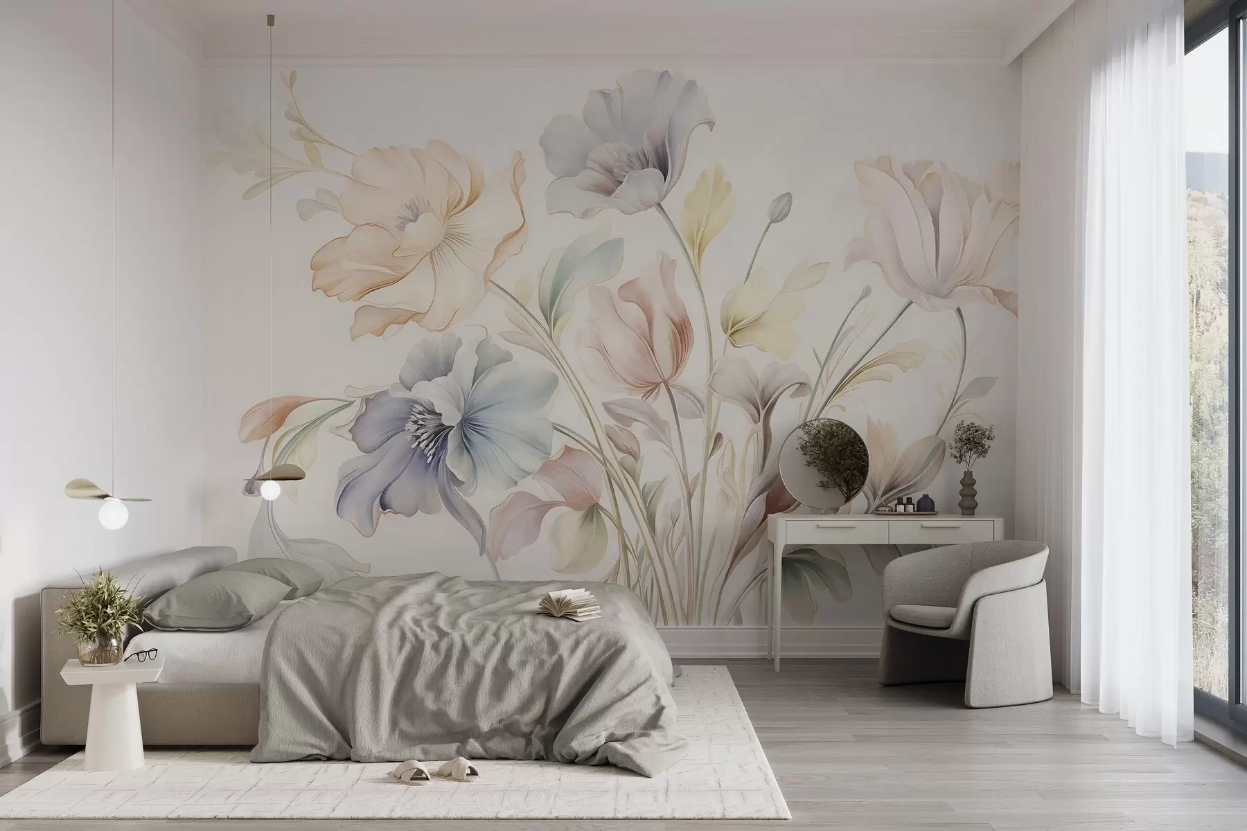 wall murals Delicate flowers in pastel shades of pink, blue and yellow with green leaves, light background w09898