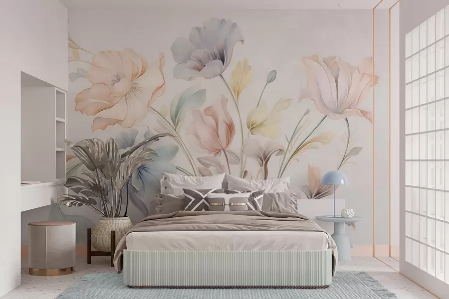 wall murals Delicate flowers in pastel shades of pink, blue and yellow with green leaves, light background w09898