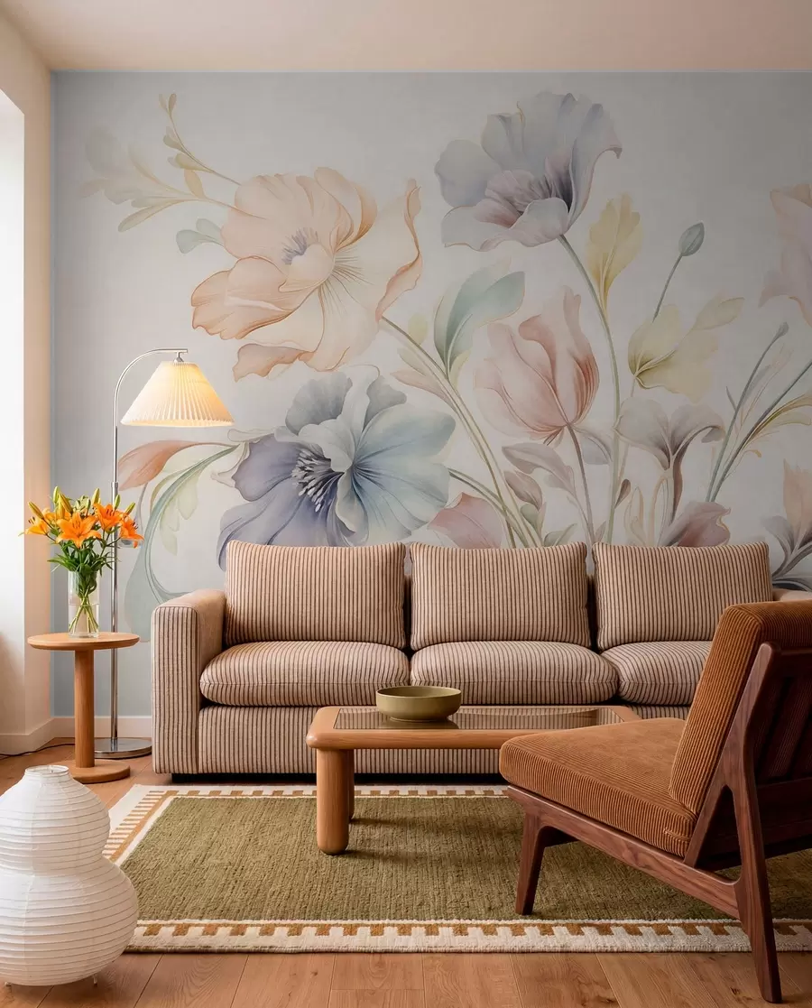 wall murals Delicate flowers in pastel shades of pink, blue and yellow with green leaves, light background w09898