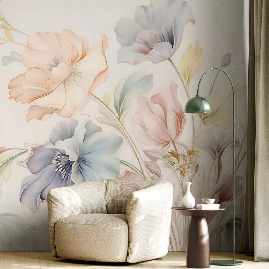 wall murals Delicate flowers in pastel shades of pink, blue and yellow with green leaves, light background w09898