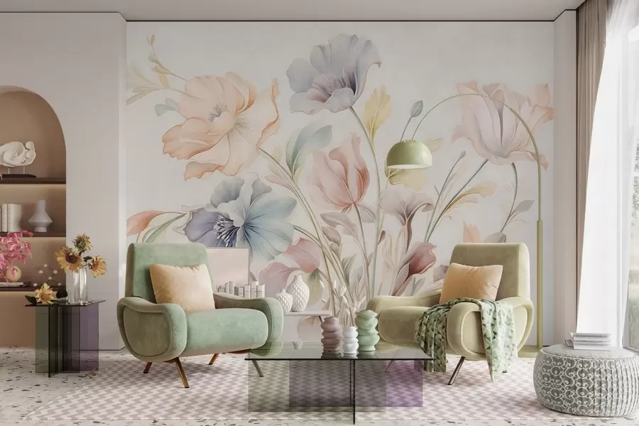 wall murals Delicate flowers in pastel shades of pink, blue and yellow with green leaves, light background w09898