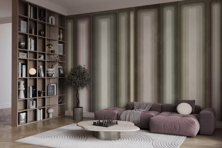 wall murals Textured abstract vertical rounded rectangles in muted tones of brown, beige and pale pink w09905