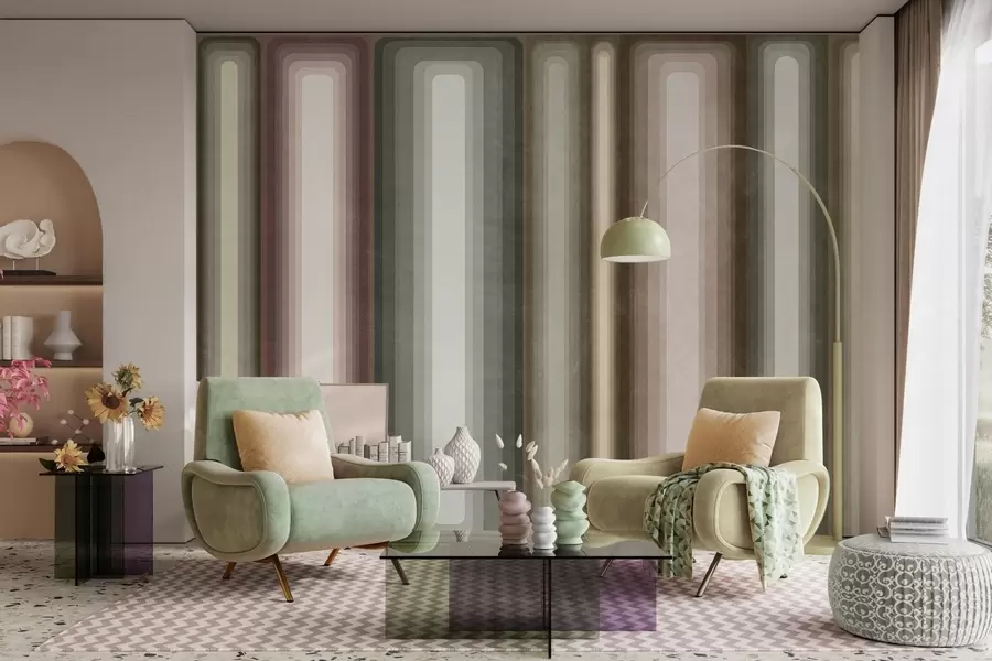 wall murals Textured abstract vertical rounded rectangles in muted tones of brown, beige and pale pink w09905