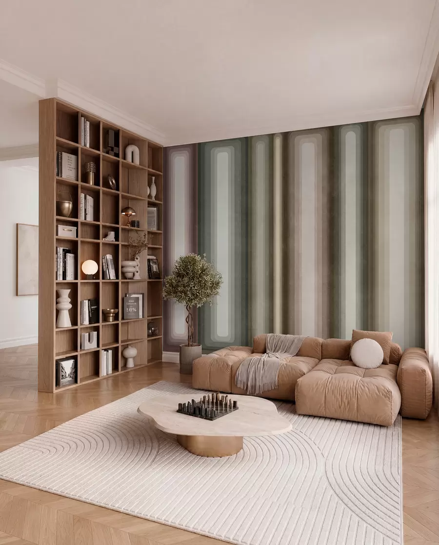 wall murals Textured abstract vertical rounded rectangles in muted tones of brown, beige and pale pink w09905