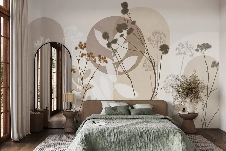 wall murals Botanical and minimalist composition of dried flowers and leaves with abstract geometry w09906