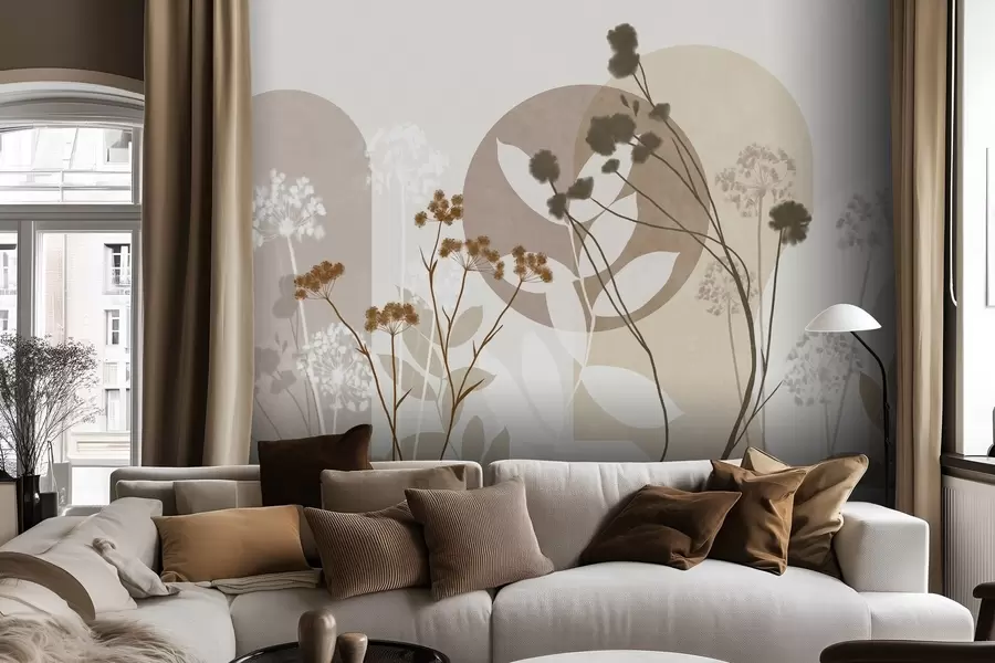 wall murals Botanical and minimalist composition of dried flowers and leaves with abstract geometry w09906
