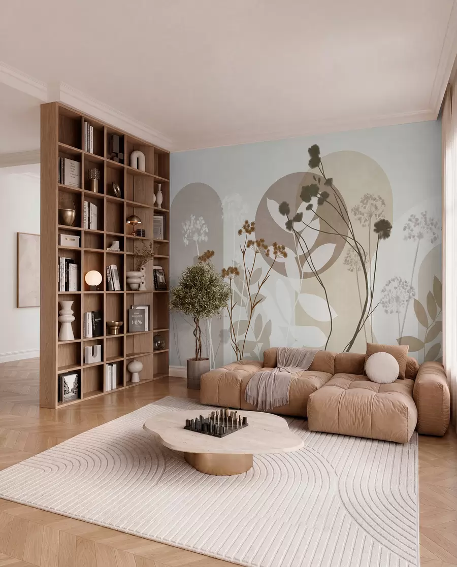 wall murals Botanical and minimalist composition of dried flowers and leaves with abstract geometry w09906
