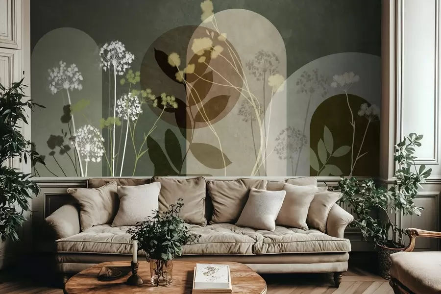 wall murals Botanical and minimalist composition of dried flowers and leaves with abstract geometry w09906v2
