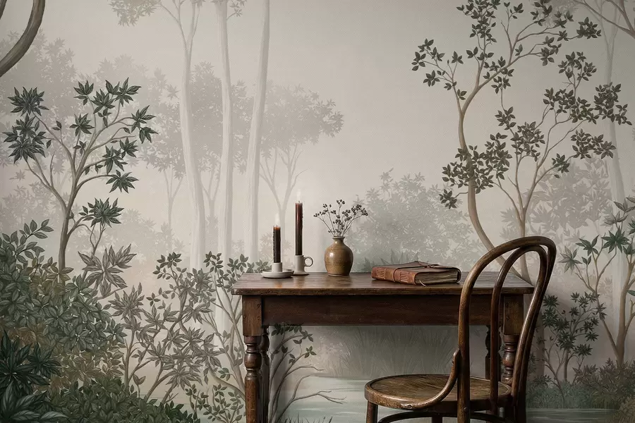 wall murals Misty forest with trees and a calm waterway w05700