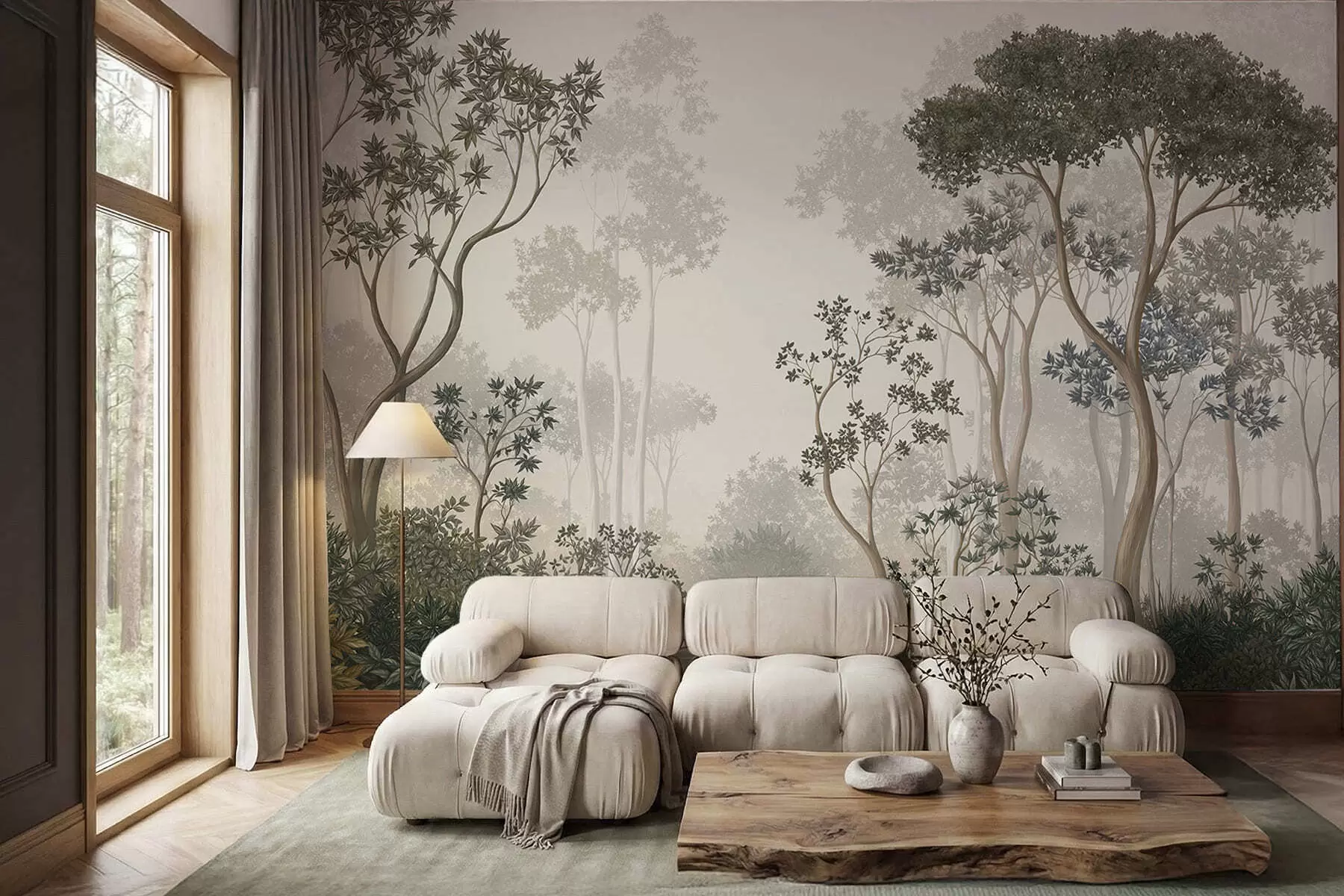 wall murals Misty forest with trees and a calm waterway w05700