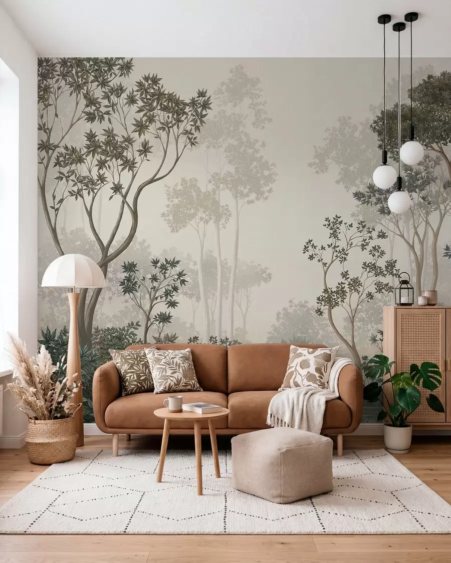 wall murals Misty forest with trees and a calm waterway w05700