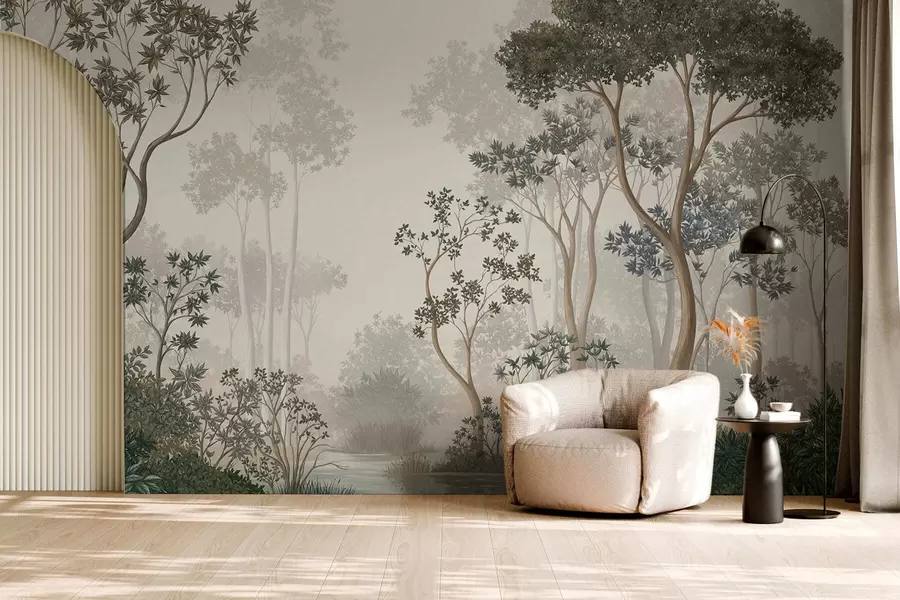 wall murals Misty forest with trees and a calm waterway w05700