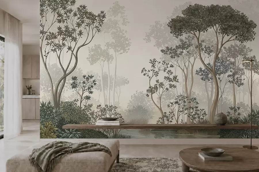 wall murals Misty forest with trees and a calm waterway w05700