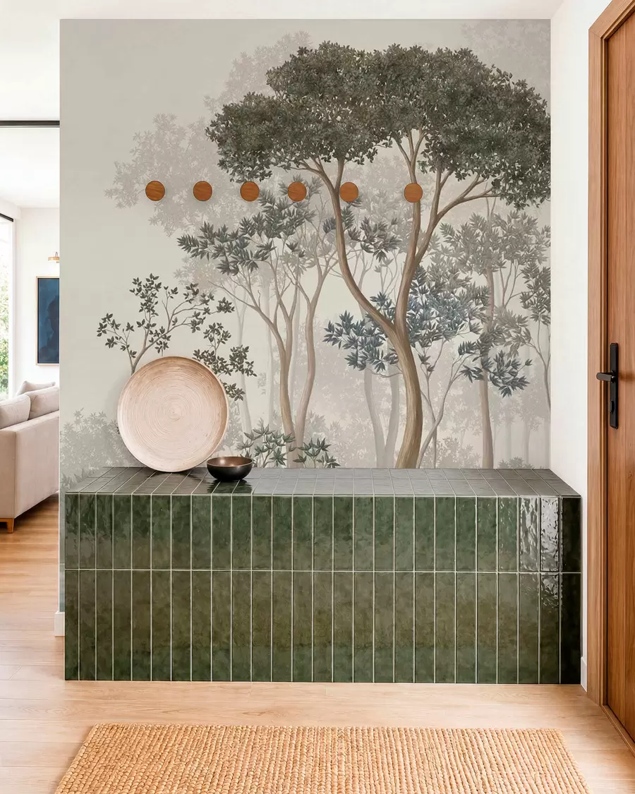 wall murals Misty forest with trees and a calm waterway w05700