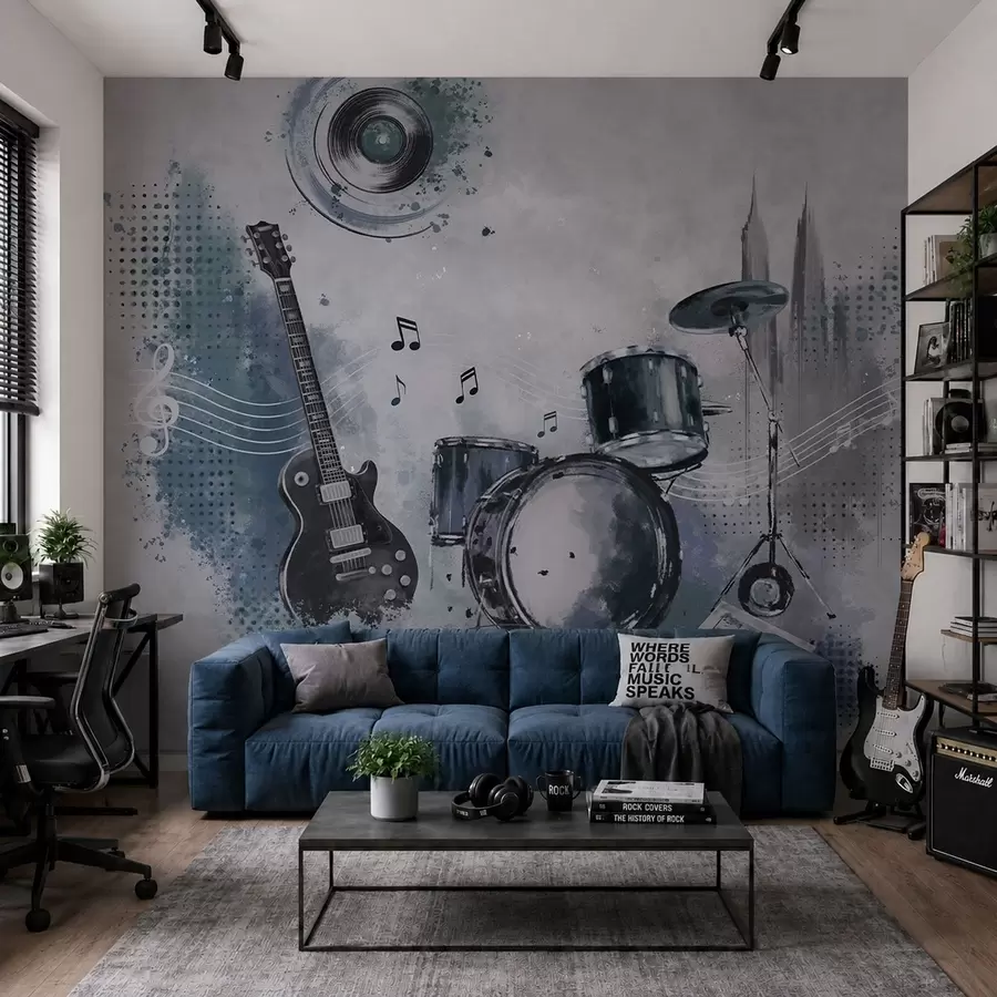 wall murals Guitar and drum set with musical notes w05546