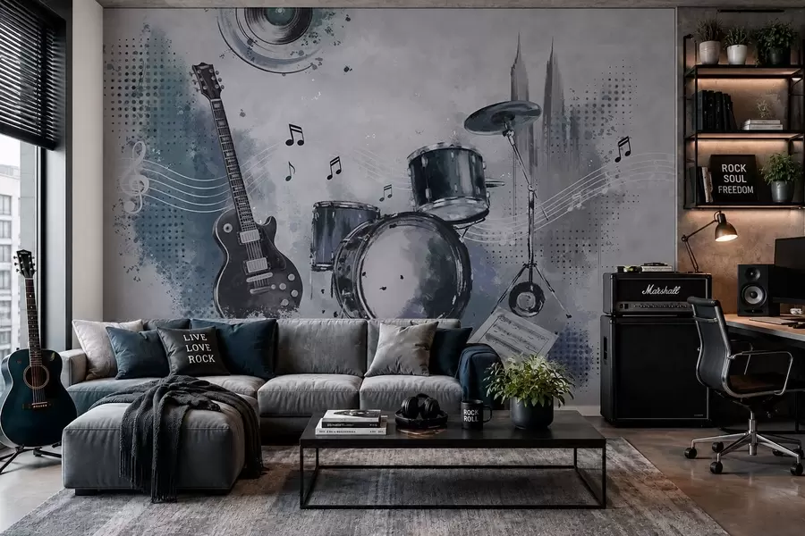wall murals Guitar and drum set with musical notes w05546