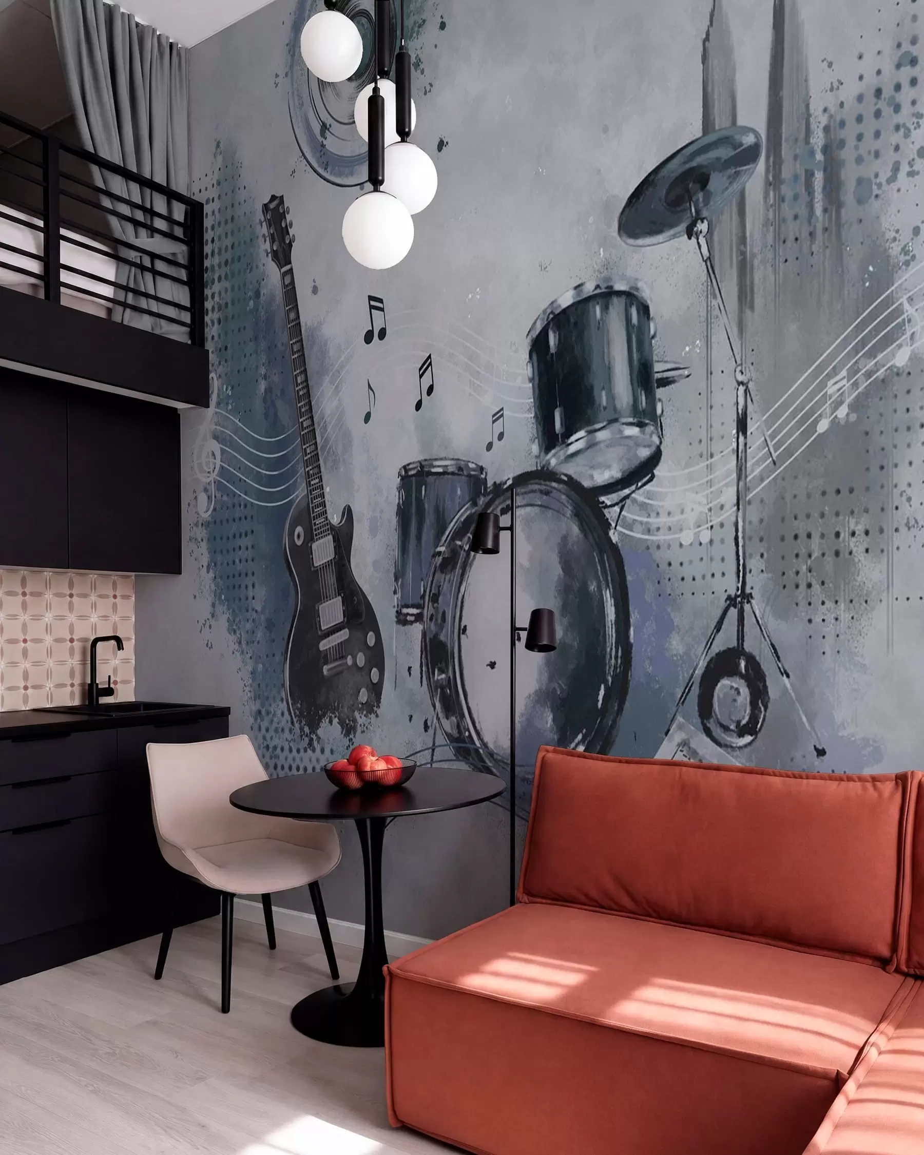 wall murals Guitar and drum set with musical notes w05546
