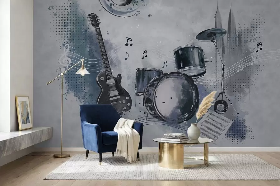 wall murals Guitar and drum set with musical notes w05546