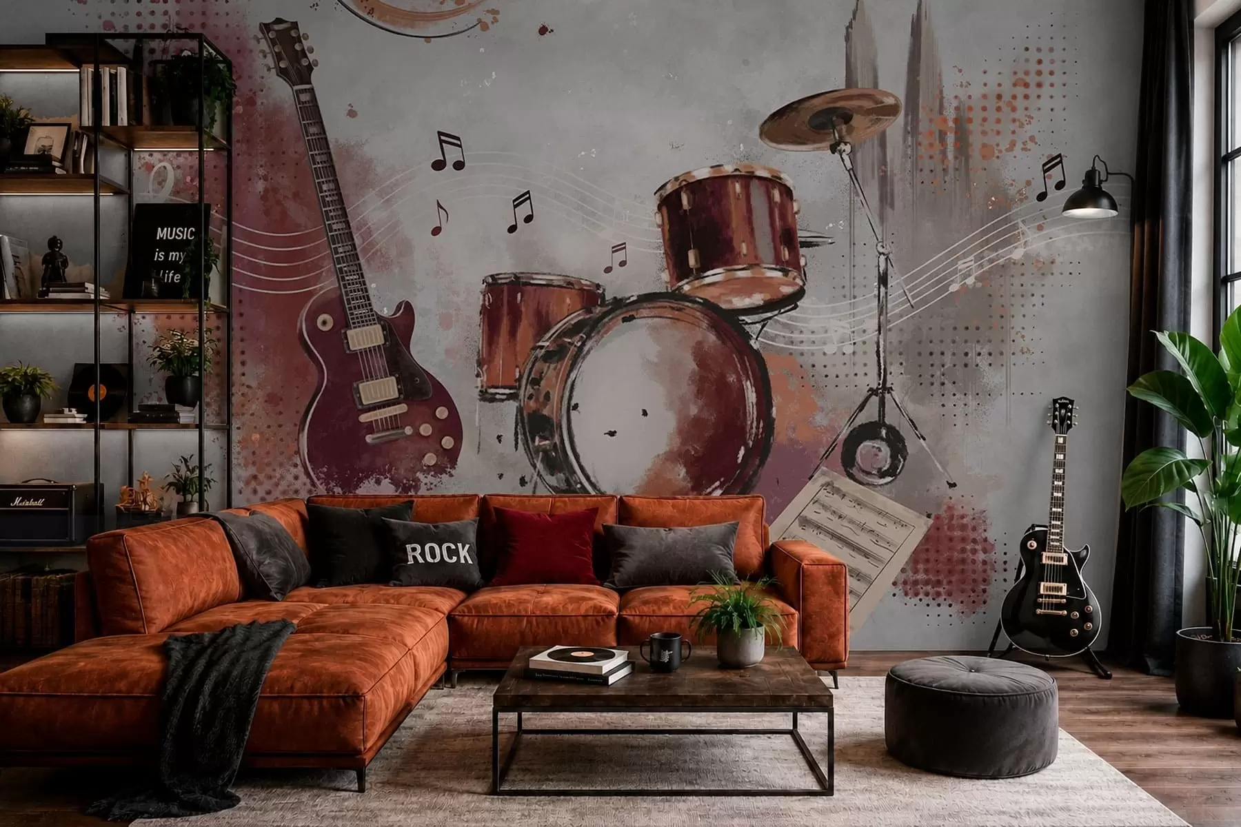 wall murals Musical instruments in warm burgundy tones w05546v1