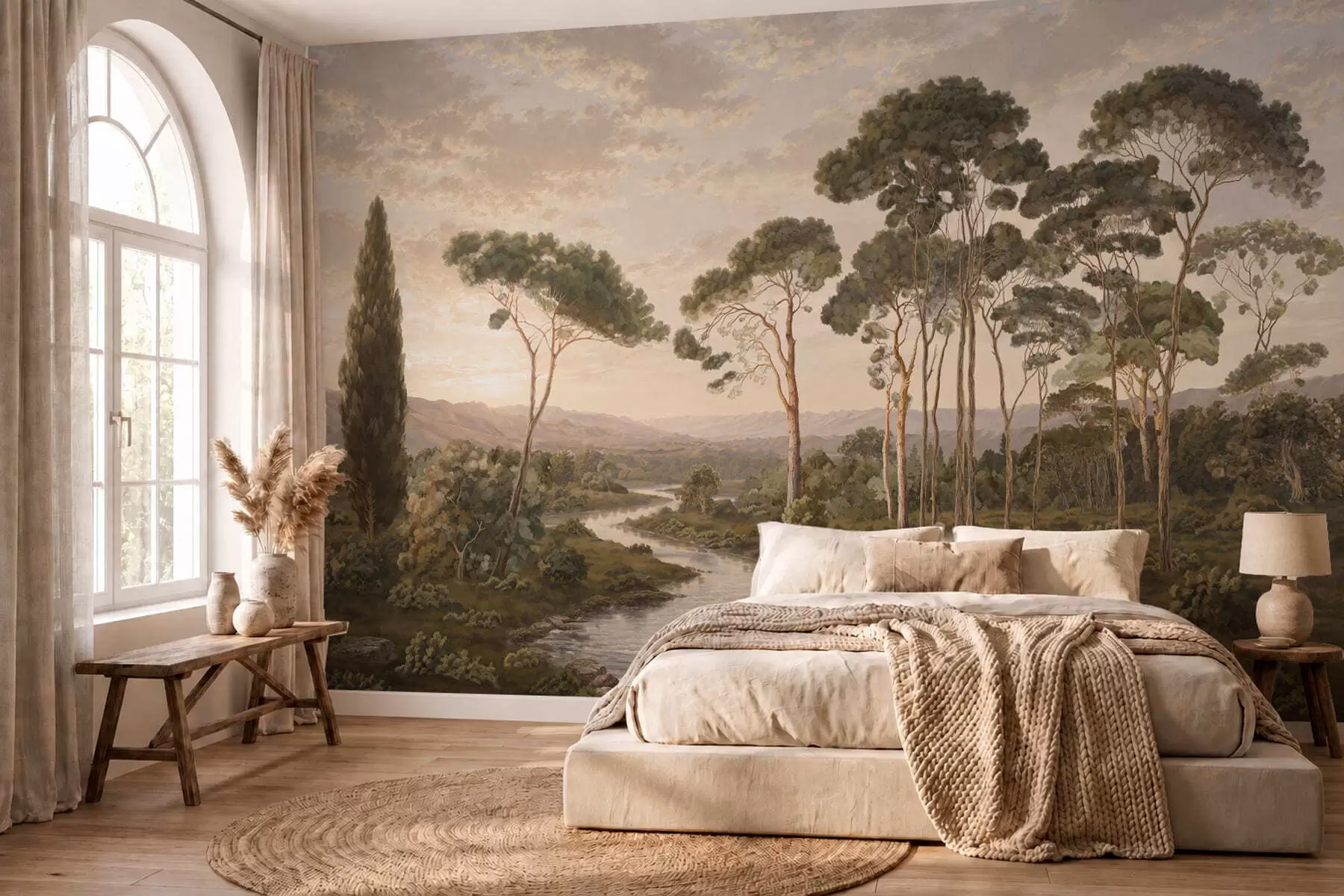 wall murals Landscape with river, trees and distant hills w05696