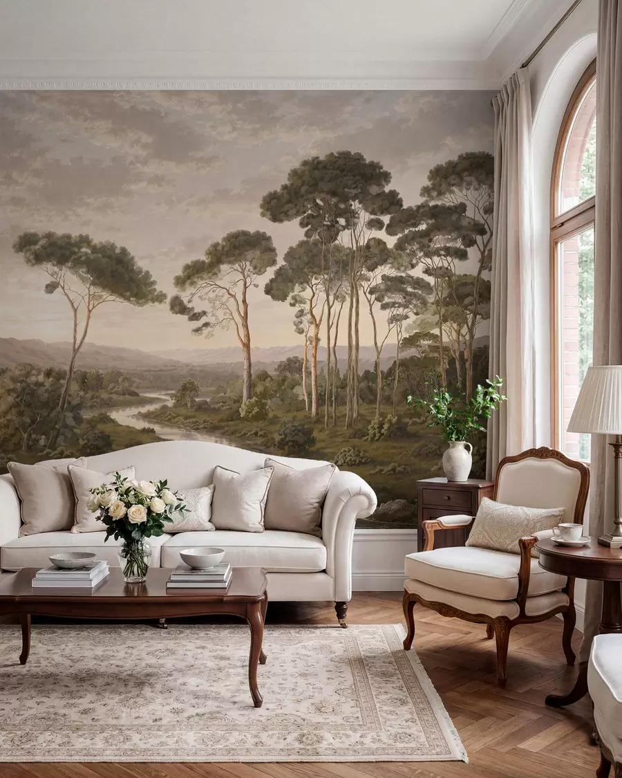 wall murals Landscape with river, trees and distant hills w05696