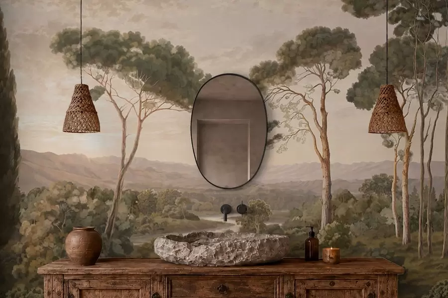 wall murals Landscape with river, trees and distant hills w05696