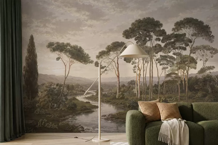wall murals Landscape with river, trees and distant hills w05696