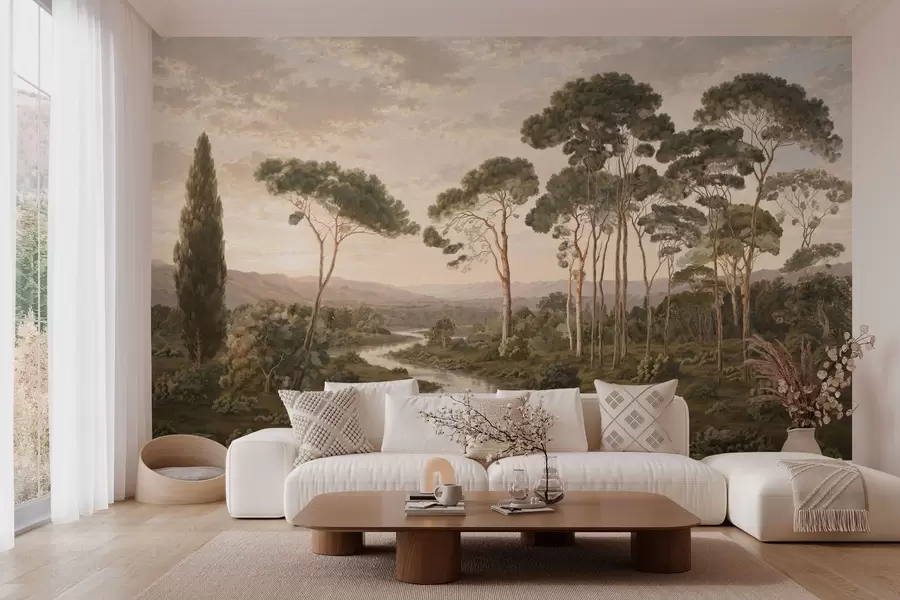 wall murals Landscape with river, trees and distant hills w05696