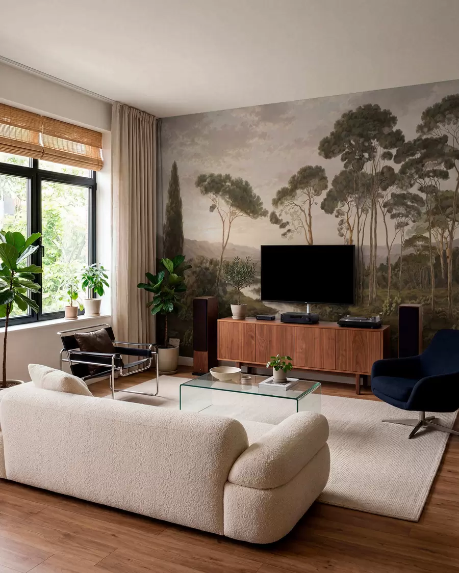 wall murals Landscape with river, trees and distant hills w05696