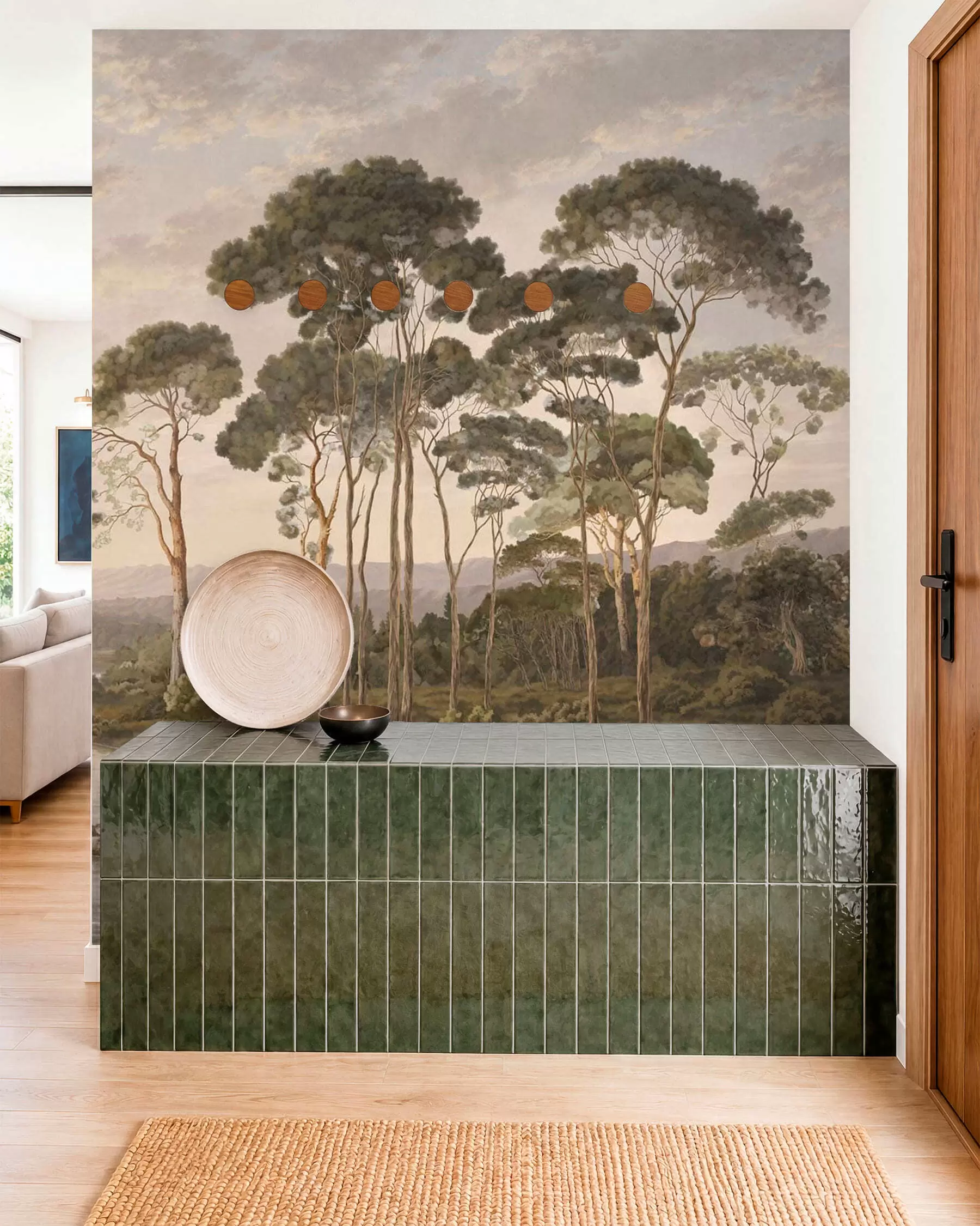 wall murals Landscape with river, trees and distant hills w05696