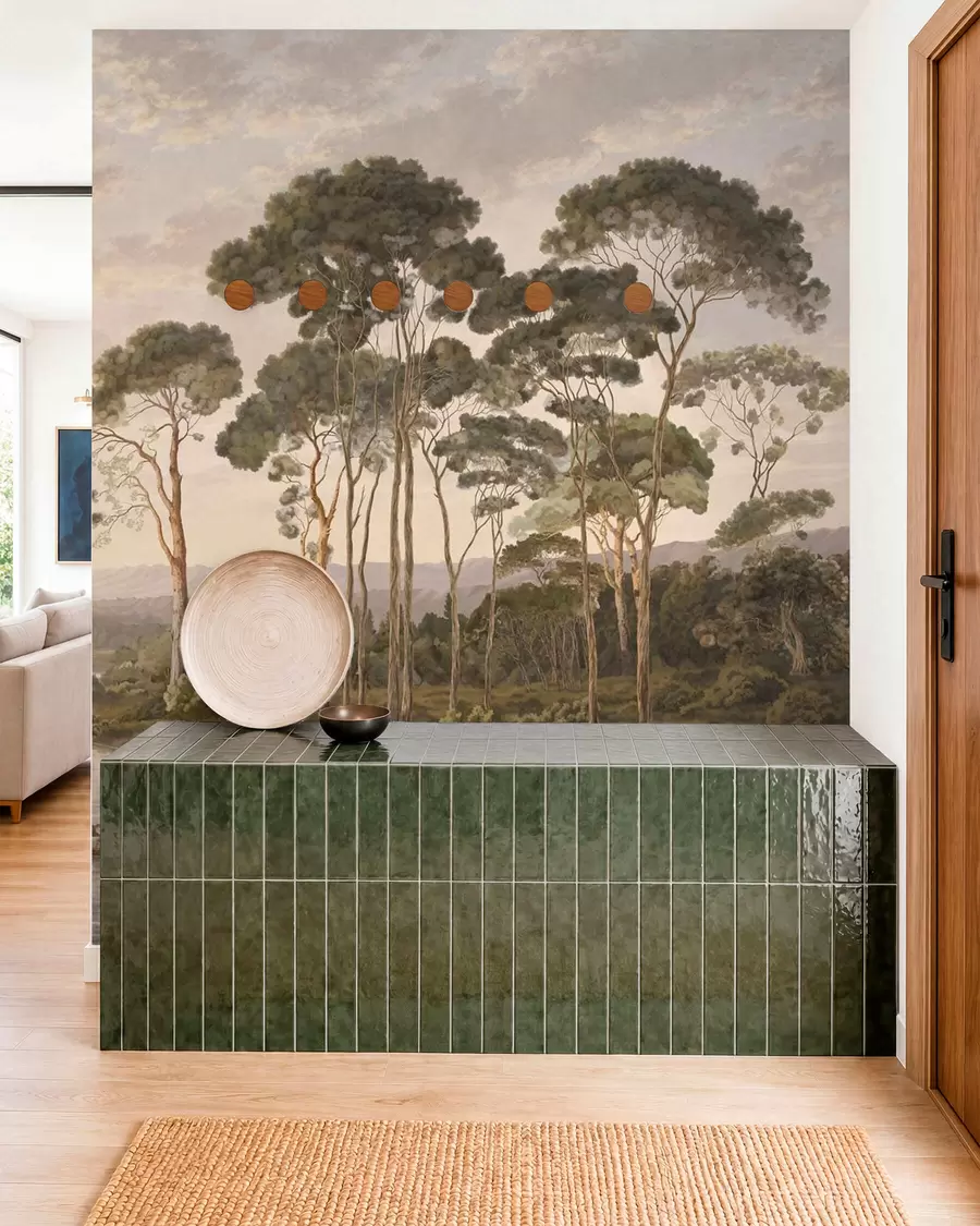 wall murals Landscape with river, trees and distant hills w05696